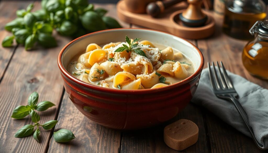 A steaming bowl of pastina recipe in a creamy broth, garnished with fresh herbs and a sprinkle of grated Parmesan cheese, set on a rustic wooden table, with a backdrop of cozy Italian kitchen elements like fresh basil, olive oil, and vintage utensils.