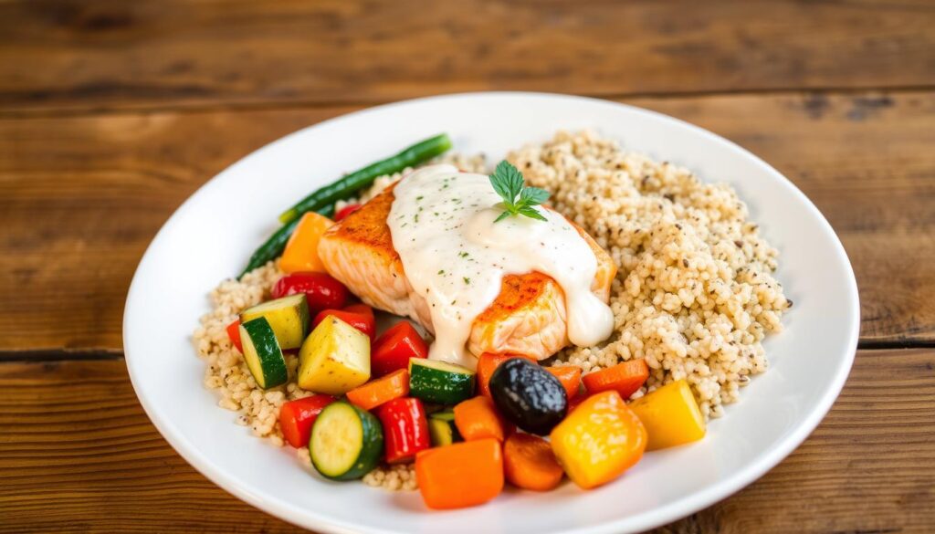 Creamy Baked Salmon with Quinoa and Veggies