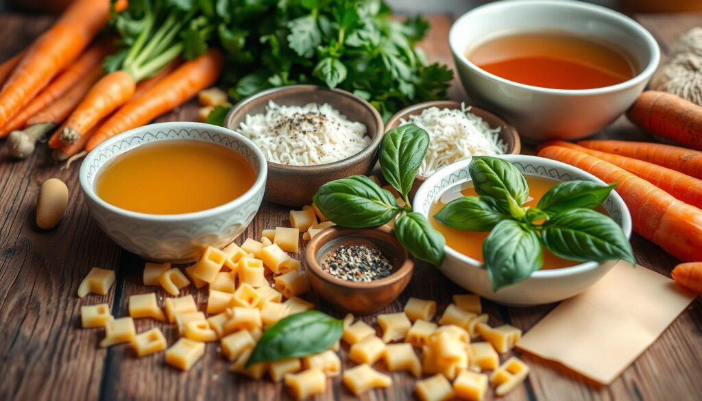 A beautifully arranged collection of pastina recipe ingredients on a rustic wooden table, featuring small pasta shapes, fresh basil leaves, a bowl of rich chicken broth, grated Parmesan cheese, cracked black pepper, and a drizzle of olive oil, all surrounded by vibrant vegetables like carrots and celery, with a warm, inviting kitchen background.