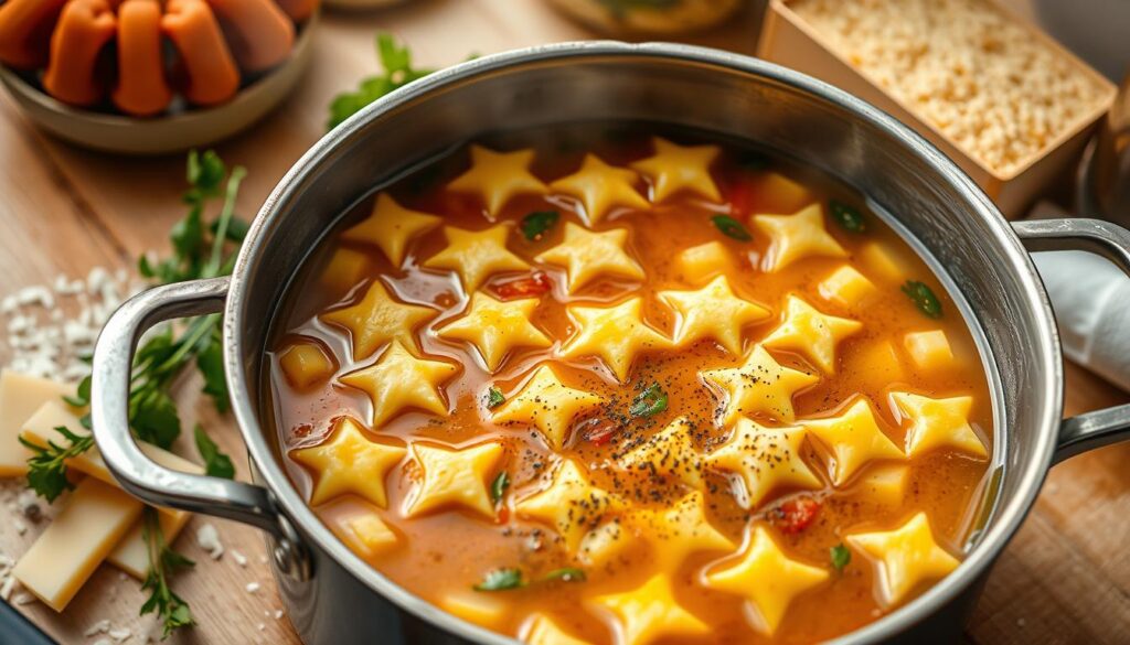 A cozy kitchen scene featuring a pot of simmering pastina, delicate star-shaped pasta floating in a rich broth, surrounded by fresh herbs, grated cheese, and a sprinkle of black pepper, warm lighting casting a comforting glow.