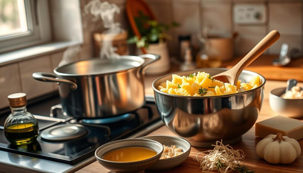 A warm kitchen scene with a pot of boiling water on the stove and a bowl of small pasta shapes, sprinkled with fresh herbs, a wooden spoon resting beside the pot, and steam rising. Ingredients like olive oil, garlic, and parmesan cheese are laid out on the countertop, with a cozy ambiance that evokes comfort food preparation. Soft light filters through a window, casting gentle shadows.