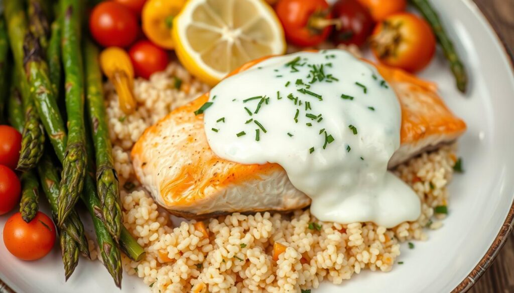 Creamy Baked Salmon with Quinoa and Veggies