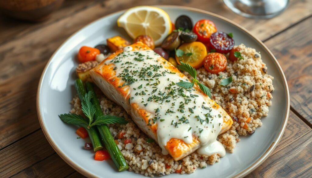 Creamy Baked Salmon with Quinoa and Veggies