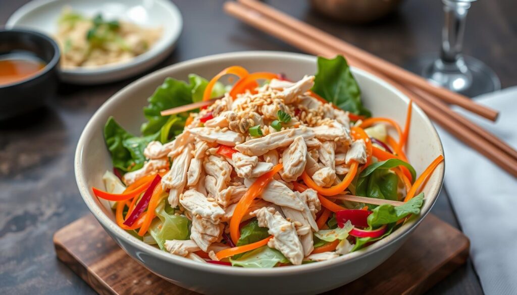 A vibrant Asian chicken salad featuring shredded rotisserie chicken, colorful mixed greens, thinly sliced vegetables like carrots and bell peppers