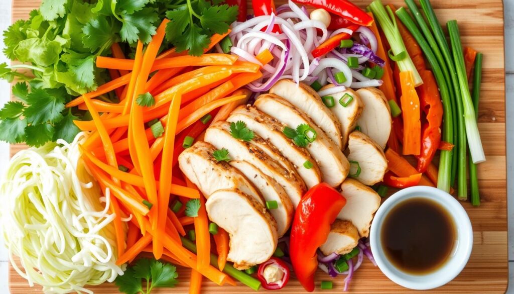 A vibrant assortment of fresh salad ingredients for an Asian chicken salad, featuring sliced grilled chicken breast, crunchy napa cabbage, shredded carrots, colorful bell peppers, green onions, cilantro sprigs, sesame seeds, and a small bowl of soy sauce dressing, all arranged artistically on a wooden cutting board with a light, natural background.